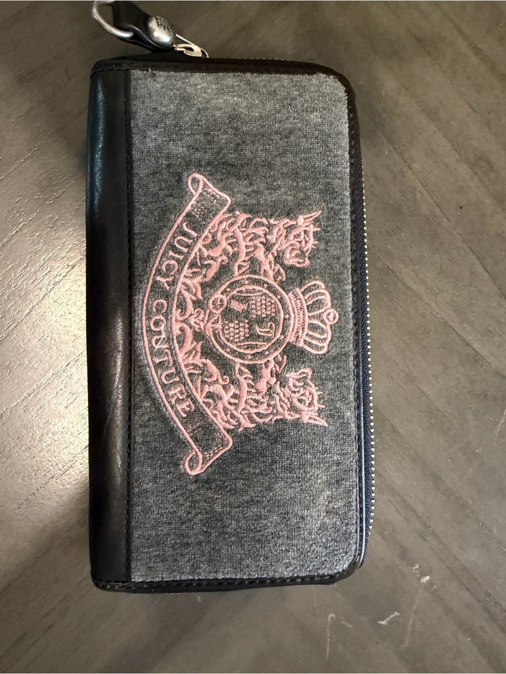 Juicy Couture Gray Wallet with Black Trim and Pink Embroidered Crest
